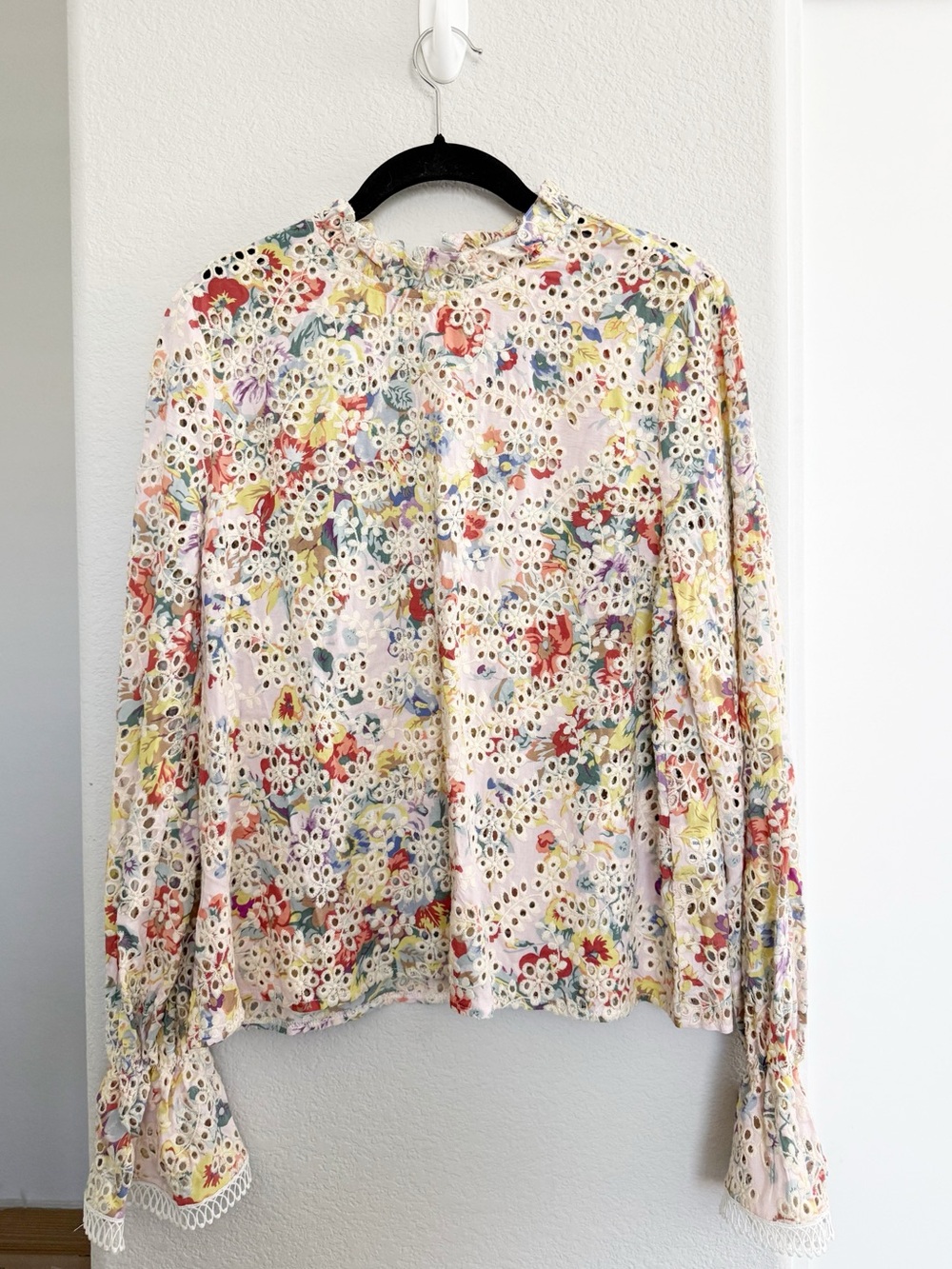 Anthropologie Endless Rose Floral Embroidered Eyelet Ruffle Neck Blouse - Picture 2 of 5